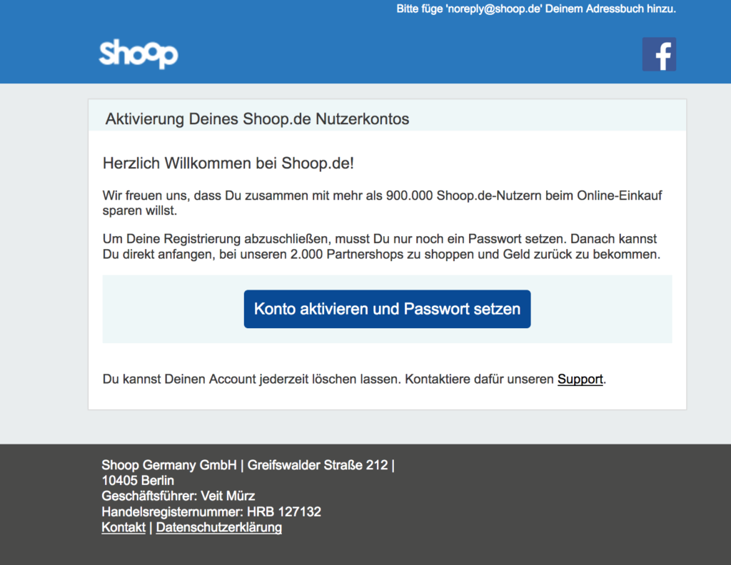 Email von Shoop.de zur Kontoaktivierung